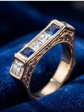 Heirloom Solid 14K Yellow Gold Diamond & Sapphire Band Ring